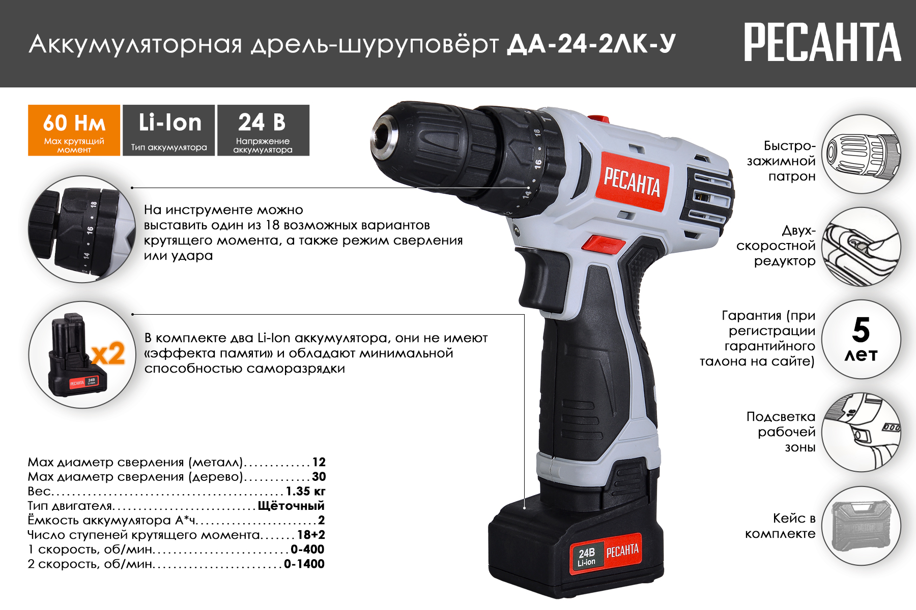 Аккумуляторная дрель-шуруповерт Ресанта ДА-24-2ЛК-У
