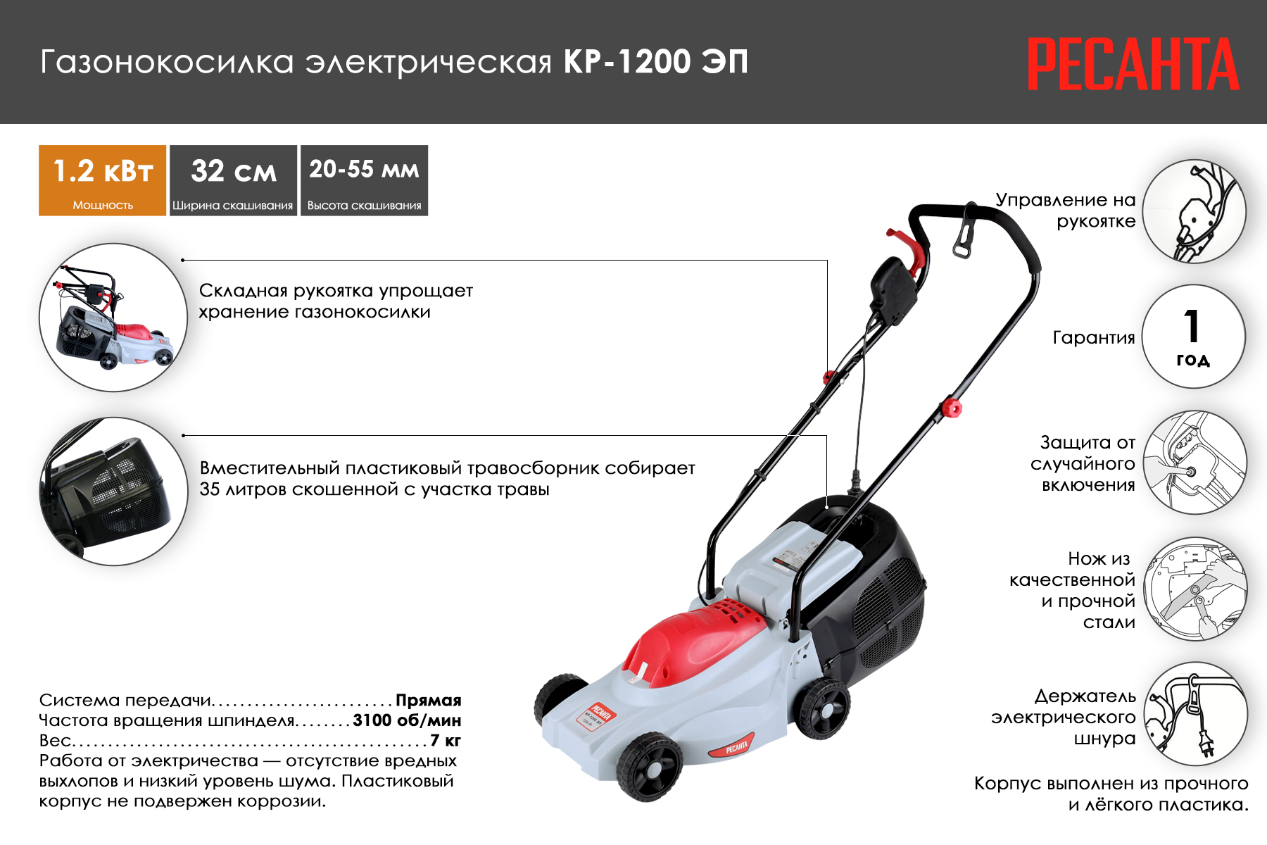 Газонокосилка Ресанта КР-1200 ЭП