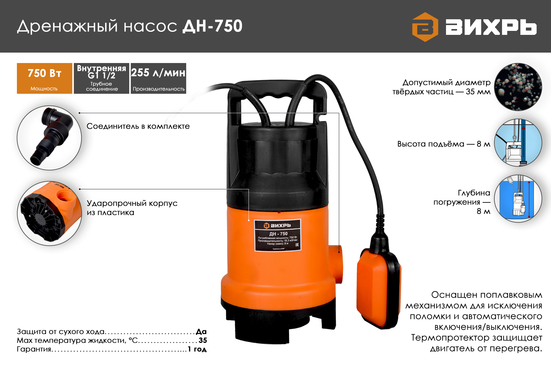 Дренажный насос ВИХРЬ ДН-750 68/2/2