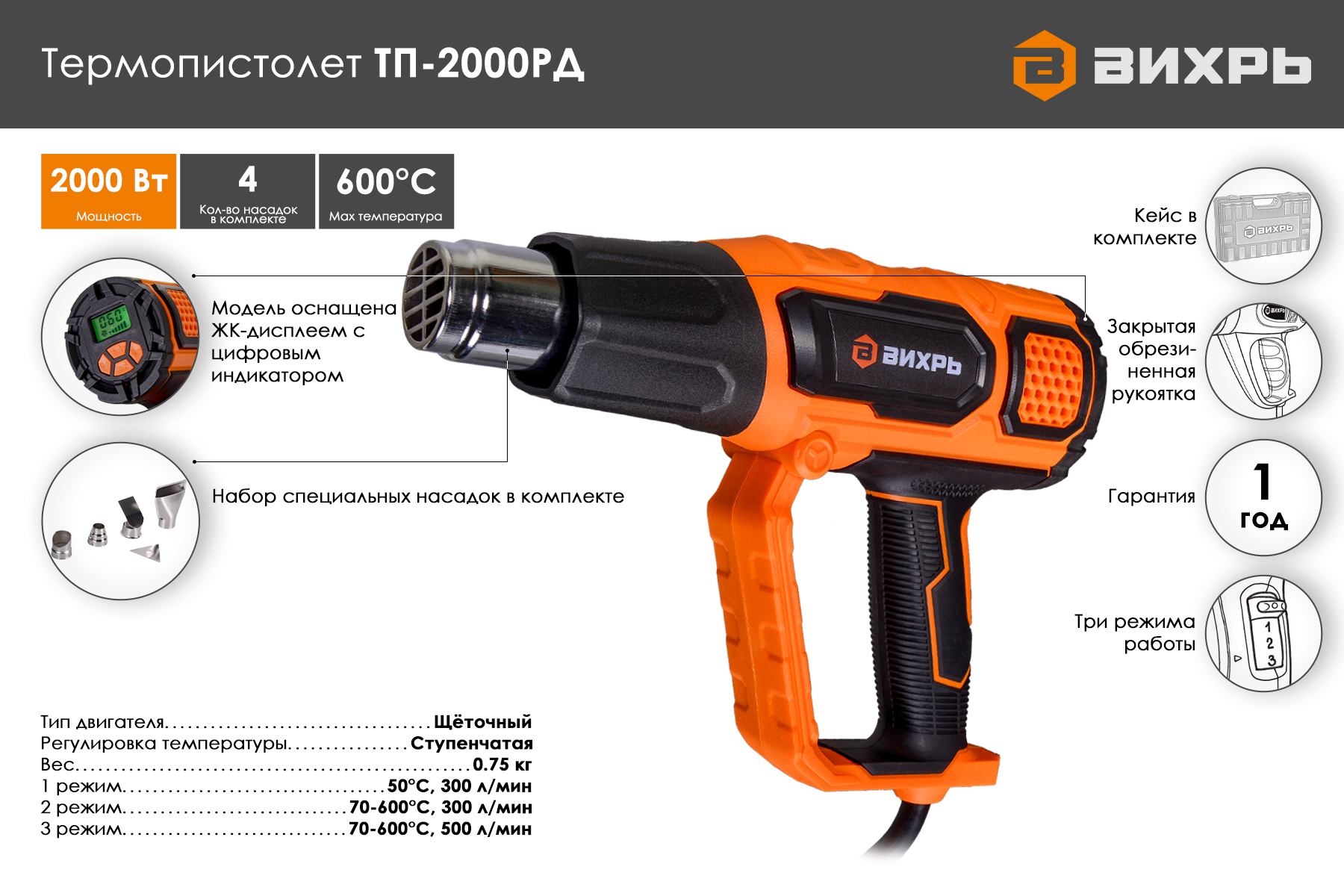 Термопистолет ВИХРЬ ТП-2000РД