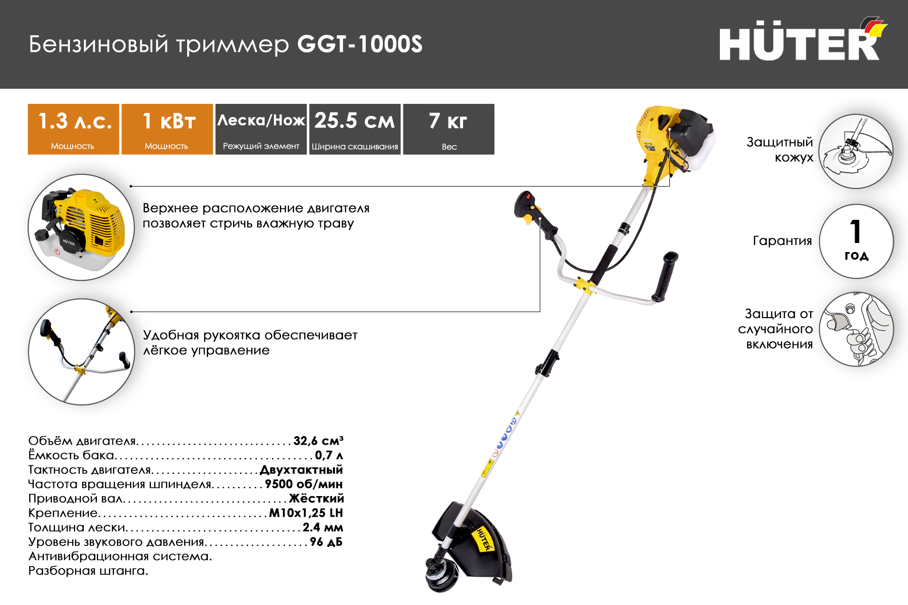 Триммер бензиновый Huter GGT-1000S