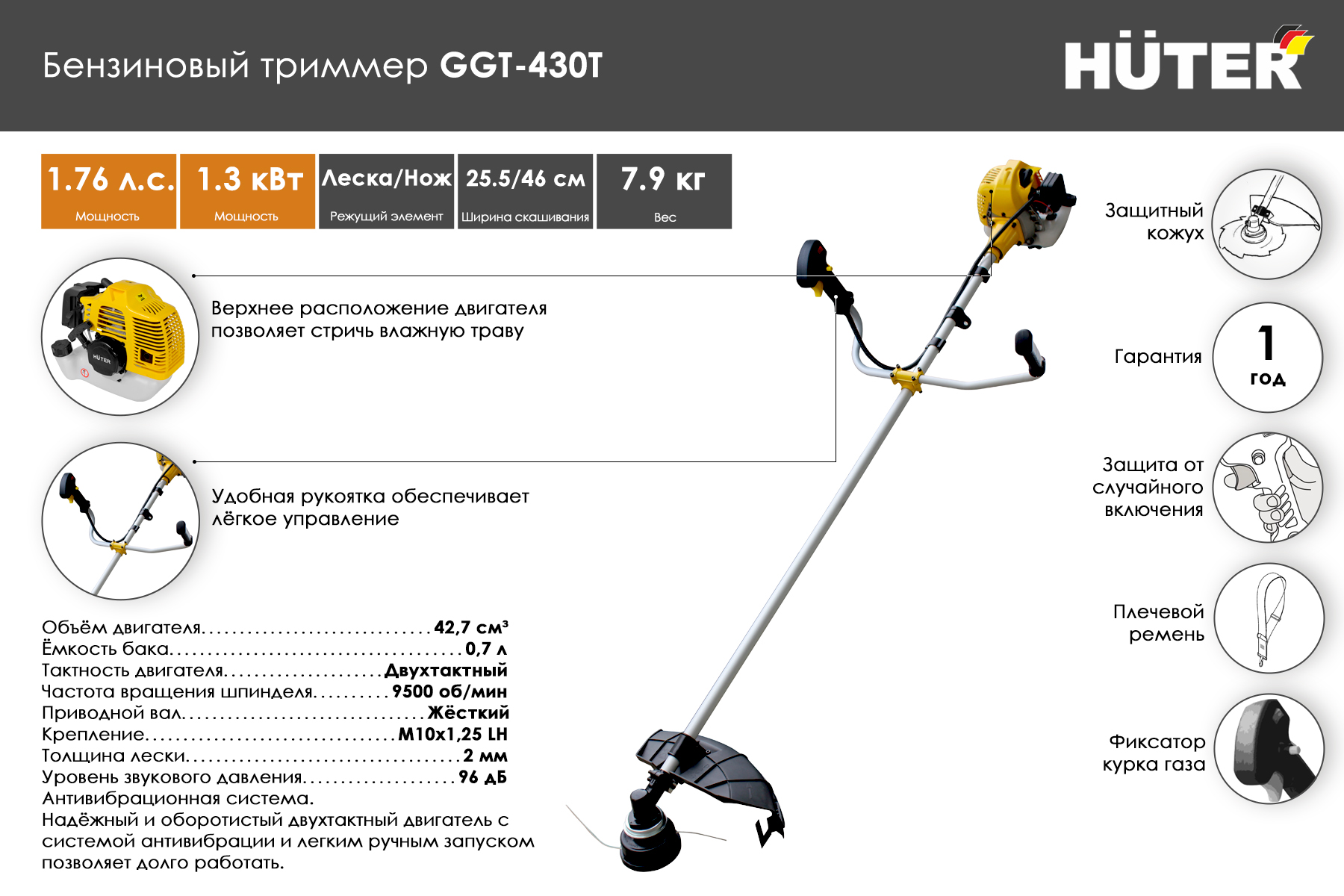Бензиновый триммер Huter GGT-430T